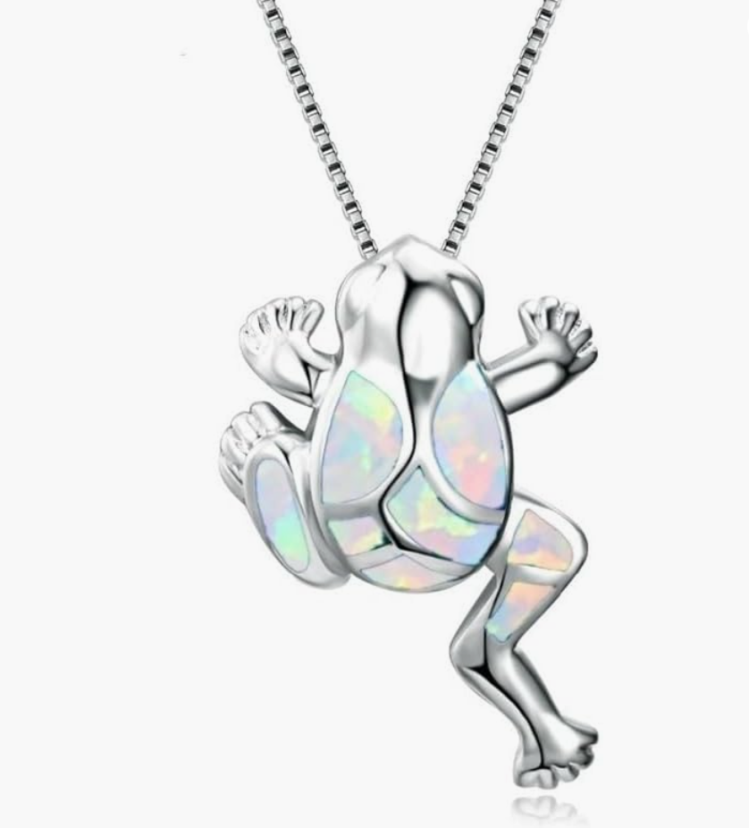 Green Opal Frog Necklace Pendant Pink Toad Jewelry Womens Girls Teen Birthday Gift Silver Stainless Steel 20in.