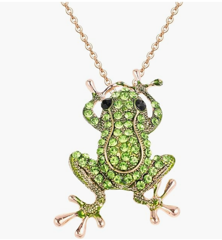 Green Frog Necklace Diamond Pendant Clothes Pin Brooch Toad Jewelry Chain Womens Girls Teen Birthday Gift Gold Silver 20in.