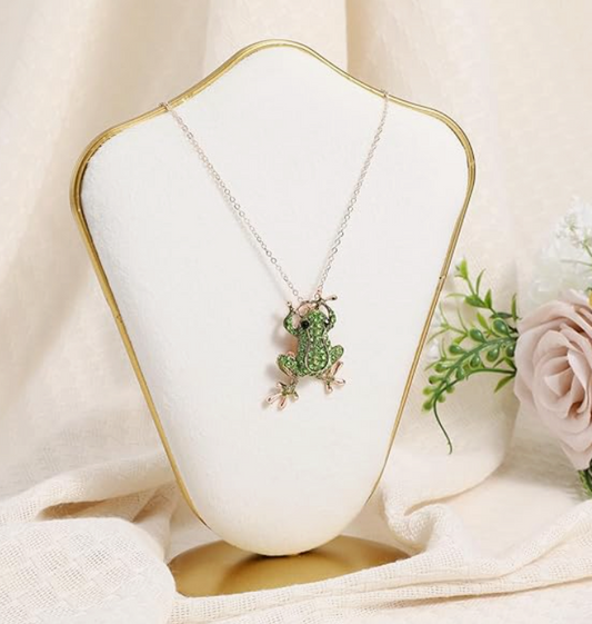 Green Frog Necklace Diamond Pendant Clothes Pin Brooch Toad Jewelry Chain Womens Girls Teen Birthday Gift Gold Silver 20in.