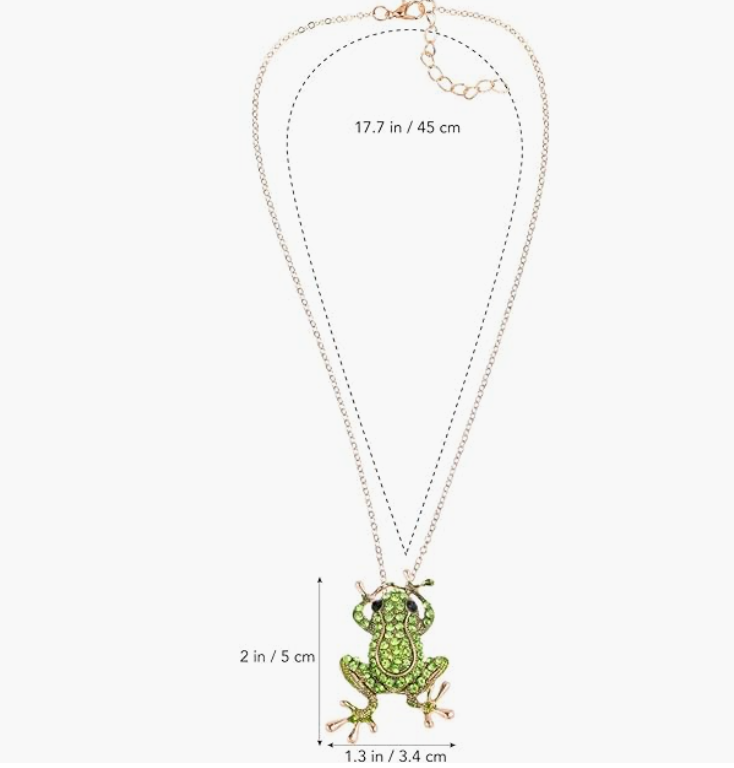 Green Frog Necklace Diamond Pendant Clothes Pin Brooch Toad Jewelry Chain Womens Girls Teen Birthday Gift Gold Silver 20in.