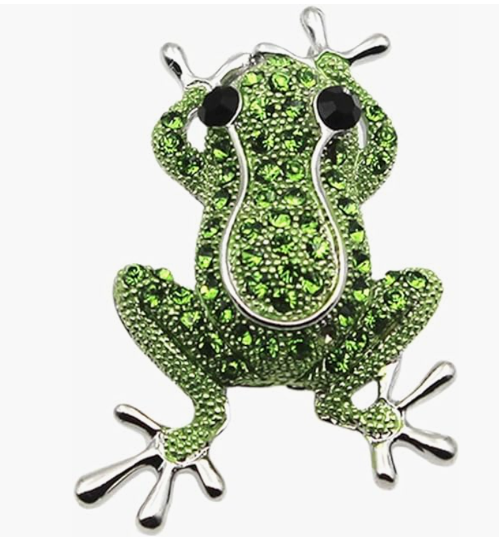 Green Frog Necklace Diamond Pendant Clothes Pin Brooch Toad Jewelry Chain Womens Girls Teen Birthday Gift Gold Silver 20in.