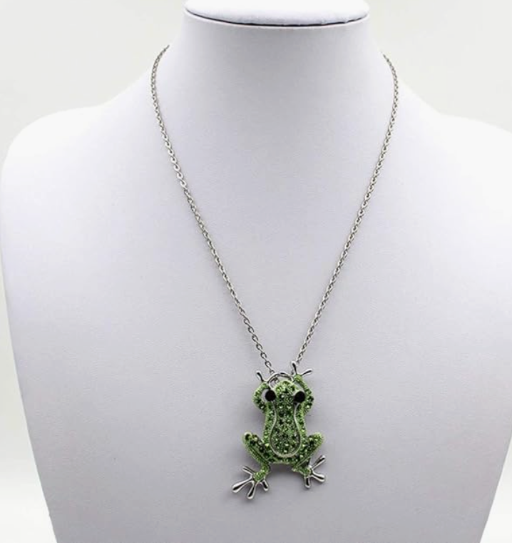 Green Frog Necklace Diamond Pendant Clothes Pin Brooch Toad Jewelry Chain Womens Girls Teen Birthday Gift Gold Silver 20in.