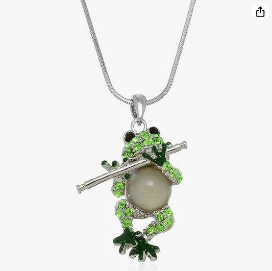 Green Frog Necklace Diamond Pendant Toad Flute Music Jewelry Chain Womens Girls Teen Birthday Gift Silver 20in.