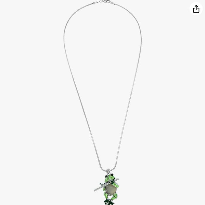 Green Frog Necklace Diamond Pendant Toad Flute Music Jewelry Chain Womens Girls Teen Birthday Gift Silver 20in.