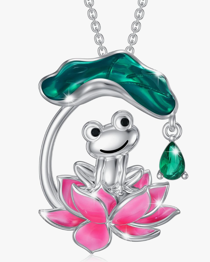 Green Diamond Frog Necklace Pendant Pink Lotus Flower Toad Jewelry Chain Womens Girls Teen Birthday Gift 925 Sterling Silver 20in.