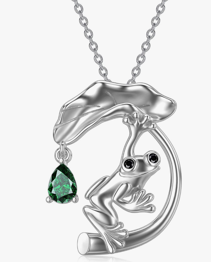 Green Diamond Frog Necklace Pendant Pink Lotus Flower Toad Jewelry Chain Womens Girls Teen Birthday Gift 925 Sterling Silver 20in.