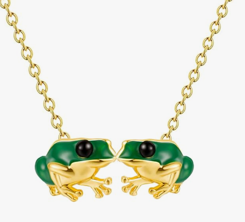 2 Green Frog Necklace Pendant Toad Jewelry Chain Womens Girls Teen Birthday Gift Gold 925 Sterling Silver 20in.