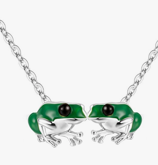2 Green Frog Necklace Pendant Toad Jewelry Chain Womens Girls Teen Birthday Gift Gold 925 Sterling Silver 20in.