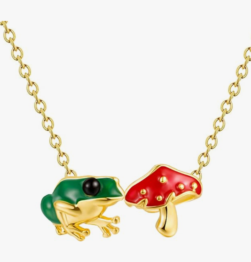 Green Frog Mushroom Necklace Pendant Toad Jewelry Chain Womens Girls Teen Birthday Gift Gold 925 Sterling Silver 20in.
