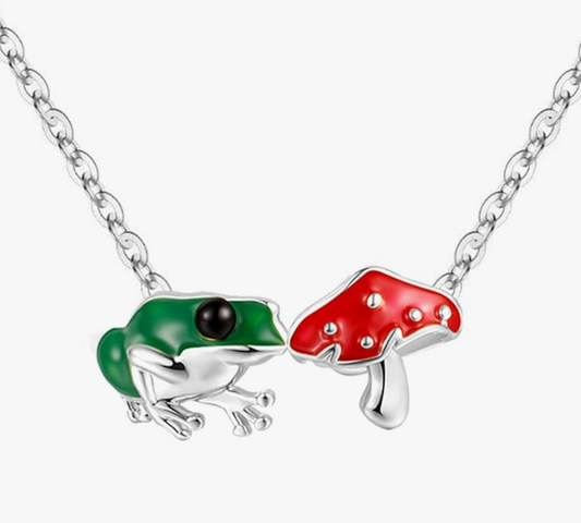 Green Frog Mushroom Necklace Pendant Toad Jewelry Chain Womens Girls Teen Birthday Gift Gold 925 Sterling Silver 20in.