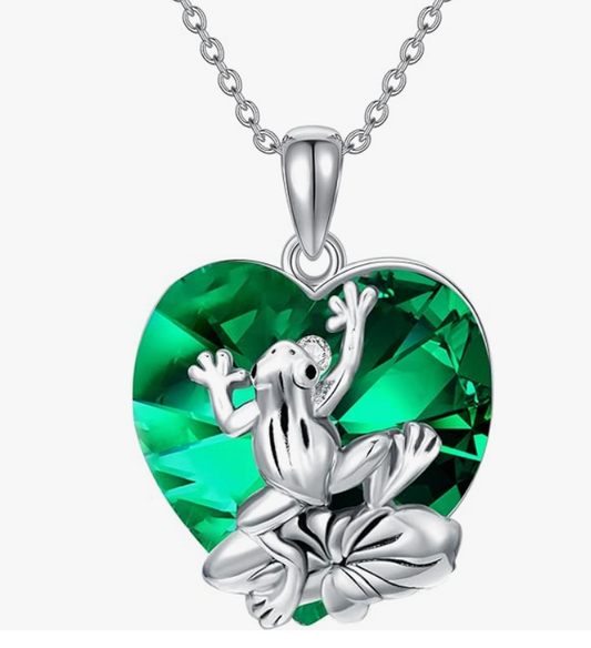 Green Emerald Peridot Frog Birthstone Necklace Pendant Heart Love Diamond Frog Jewelry Emerald Womens Girls Teen Gemstone Birthday Gift 925 Sterling Silver