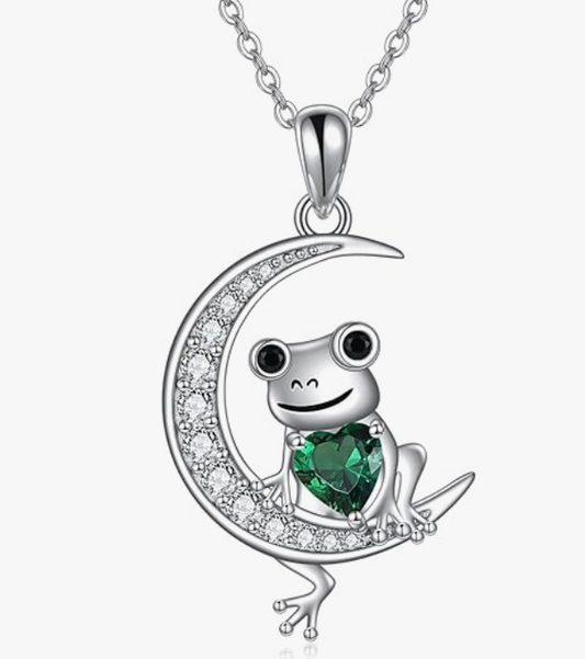 Frog Moon Necklace Diamond Pendant Toad Green Heart Love Jewelry Chain Womens Girls Teen Birthday Gift Gold 925 Sterling Silver 20in.