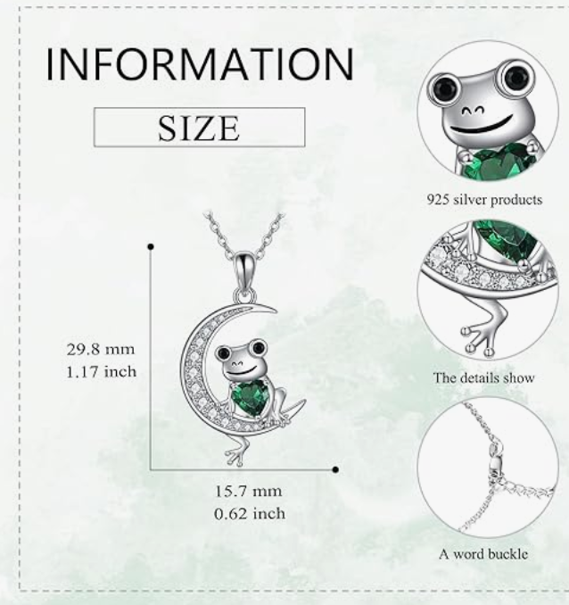 Frog Moon Necklace Diamond Pendant Toad Green Heart Love Jewelry Chain Womens Girls Teen Birthday Gift Gold 925 Sterling Silver 20in.