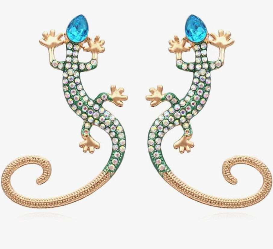 Green Blue Crystal Lizard Earring Baby Gecko Jewelry Lizard Girl Teens Women Birthday Gift Gold Stainless Steel Earrings