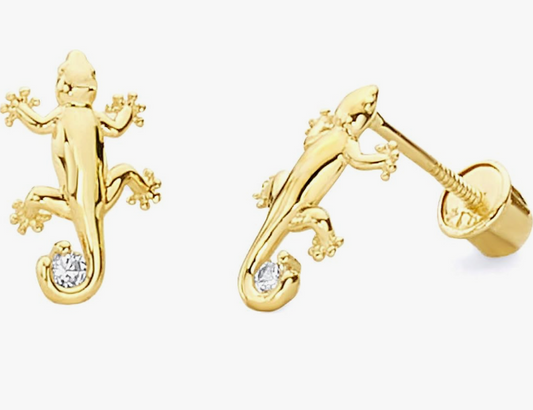 14k Yellow Gold Gecko Lizard Earring Baby Jewelry Lizard Girl Teens Women Birthday Gift Screw Back Earrings