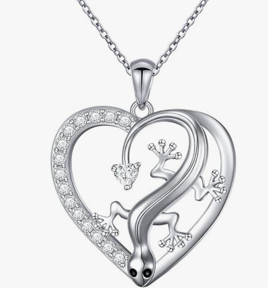 Lizard Heart Necklace Diamond Pendant Baby Gecko Jewelry Chain Birthday Gift 925 Sterling Silver 20in.