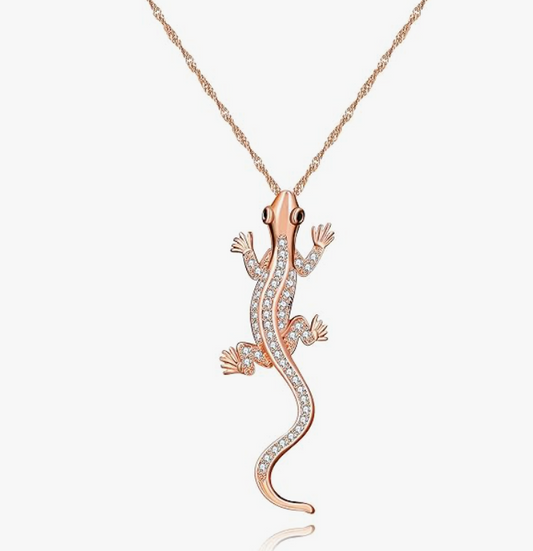 Rose Gold Lizard Necklace Diamond Pendant Baby Gecko Jewelry Silver Chain Birthday Gift  20in.