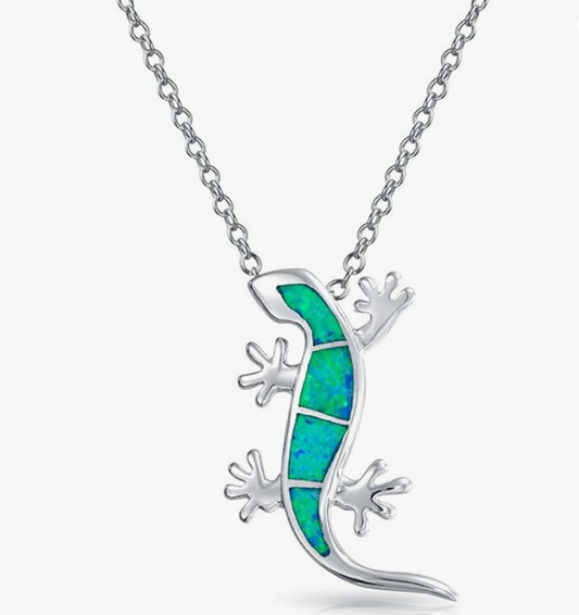 925 Sterling Silver Blue Green Opal Lizard Necklace Pendant Baby Gecko Jewelry Silver Chain Birthday Gift 20in.