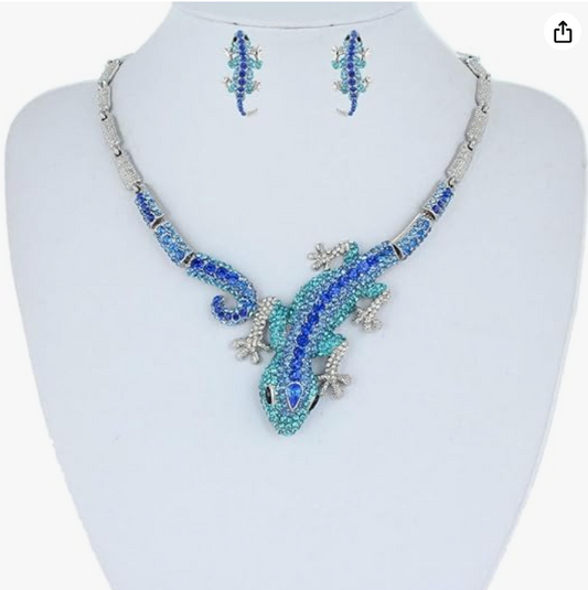 Blue Diamond Crystal Lizard Collar Necklace Baby Gecko Earrings Jewelry Chain Birthday Gift
