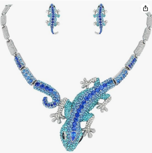 Blue Diamond Crystal Lizard Collar Necklace Baby Gecko Earrings Jewelry Chain Birthday Gift