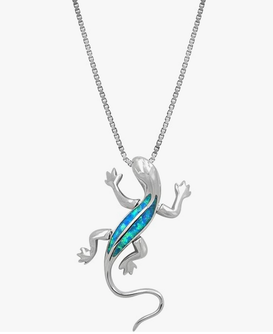 Cute Blue Green Opal Lizard Necklace Pendant Baby Gecko Jewelry Silver Chain Birthday Gift 925 Sterling Silver 20in.