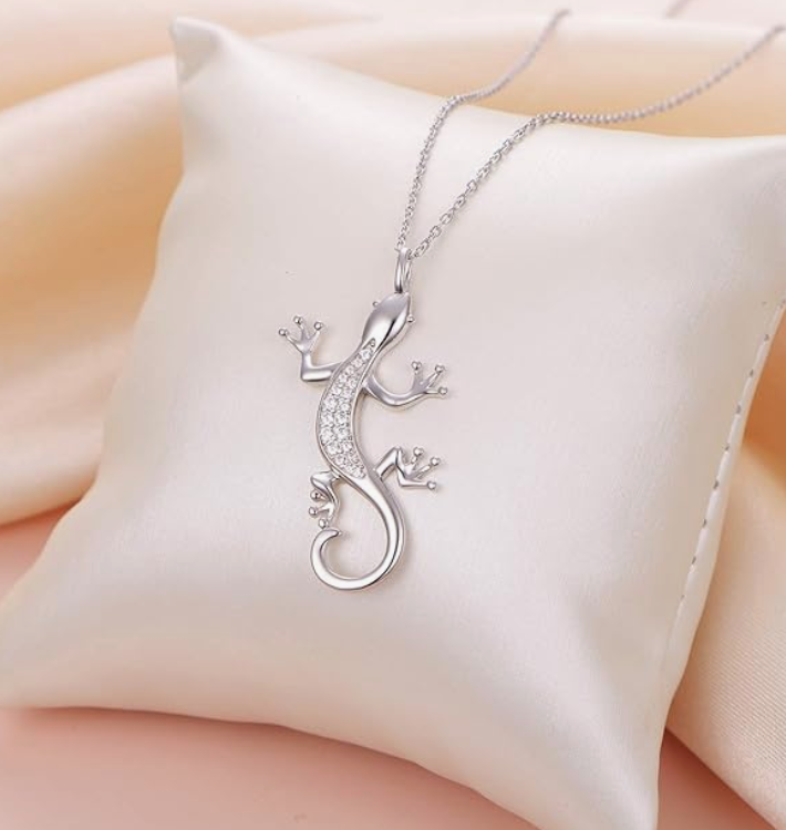 Diamond Lizard Necklace Bat Pendant Baby Gecko Jewelry Silver Chain Birthday Gift 925 Sterling Silver 20in.