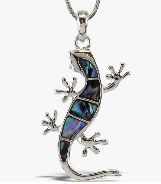 Abalone Shell Lizard Necklace Pendant Baby Gecko Jewelry Silver Chain Birthday Gift 20in.