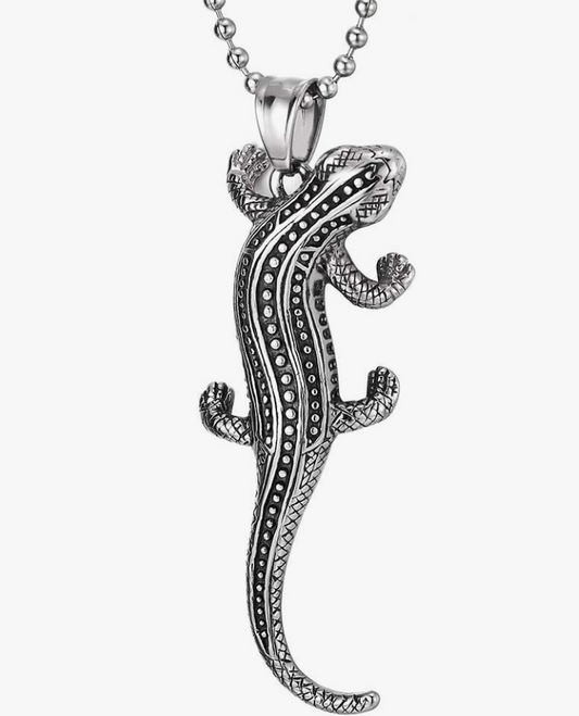 Stainless Steel Vintage Dotted Lizard Necklace Pendant Baby Gecko Jewelry Silver Chain Birthday Gift 30in.