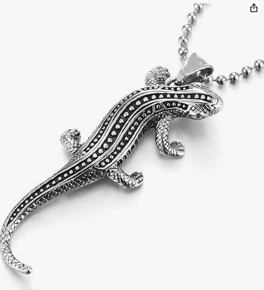 Stainless Steel Vintage Dotted Lizard Necklace Pendant Baby Gecko Jewelry Silver Chain Birthday Gift 30in.