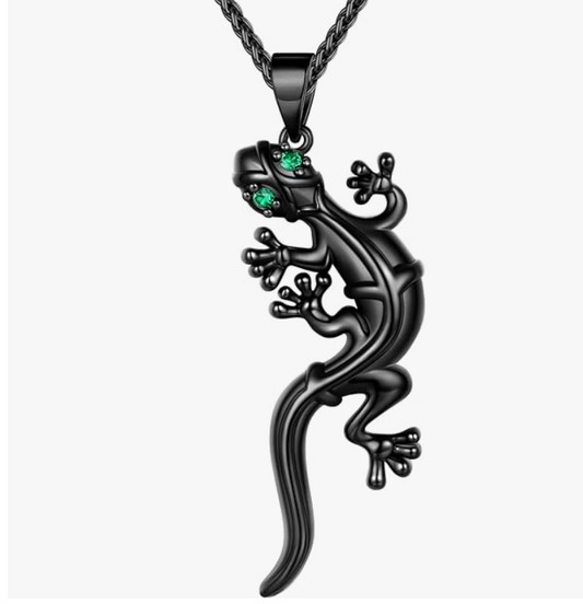 Black Stainless Steel Lizard Necklace Pendant Green Eye Baby Gecko Jewelry Chain Birthday Gift 22in.