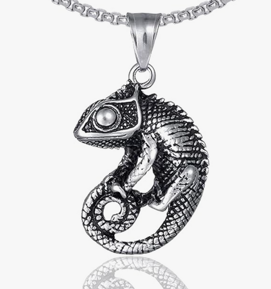 Chameleon Pendant Black Stainless Steel Lizard Necklace Baby Gecko Jewelry Chain Birthday Gift 24in.