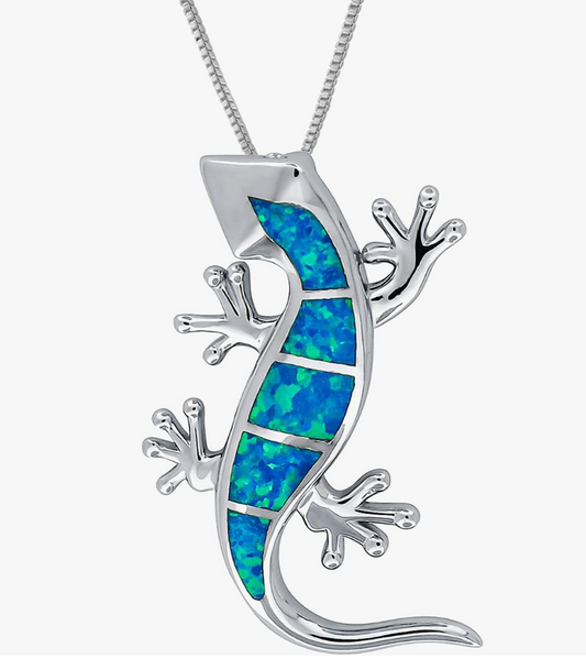 925 Sterling Silver Lizard Pendant Blue Opal Lizard Necklace Baby Gecko Jewelry Chain Birthday Gift 20in.