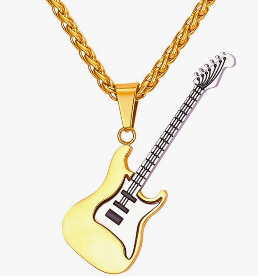 Electric Guitar Pendant Necklace Punk Rocker Jewelry Chain Birthday Gift Stainless Steel 24in.