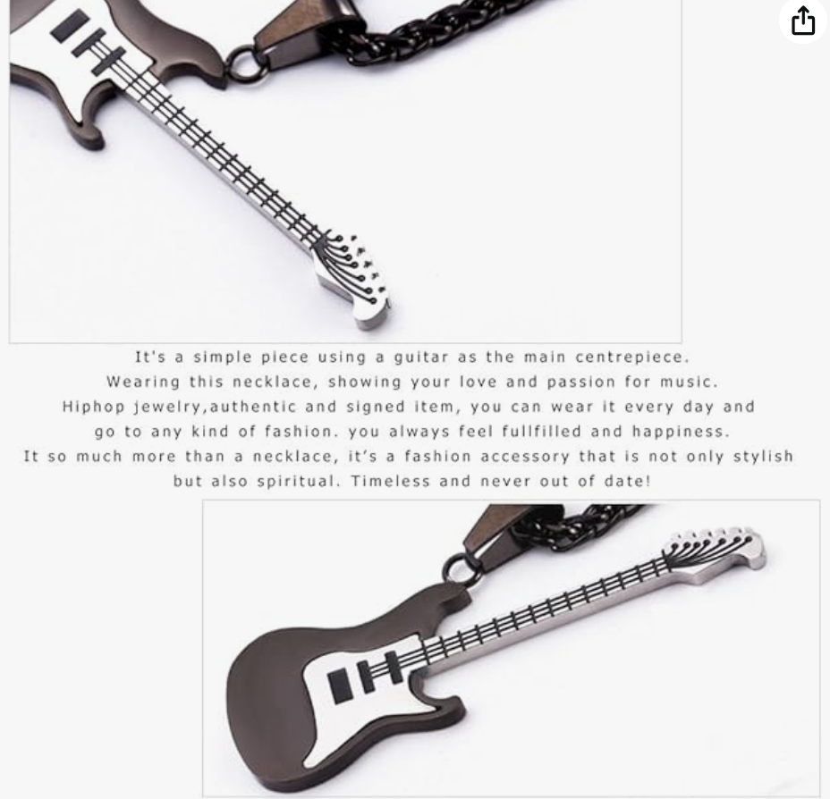 Electric Guitar Pendant Necklace Punk Rocker Jewelry Chain Birthday Gift Stainless Steel 24in.