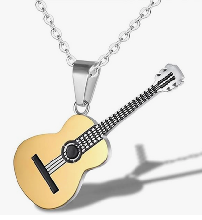 Acoustic Guitar Pendant Necklace Folk Guitar Jewelry Chain Birthday Gift Gold Stainless Steel 24in.