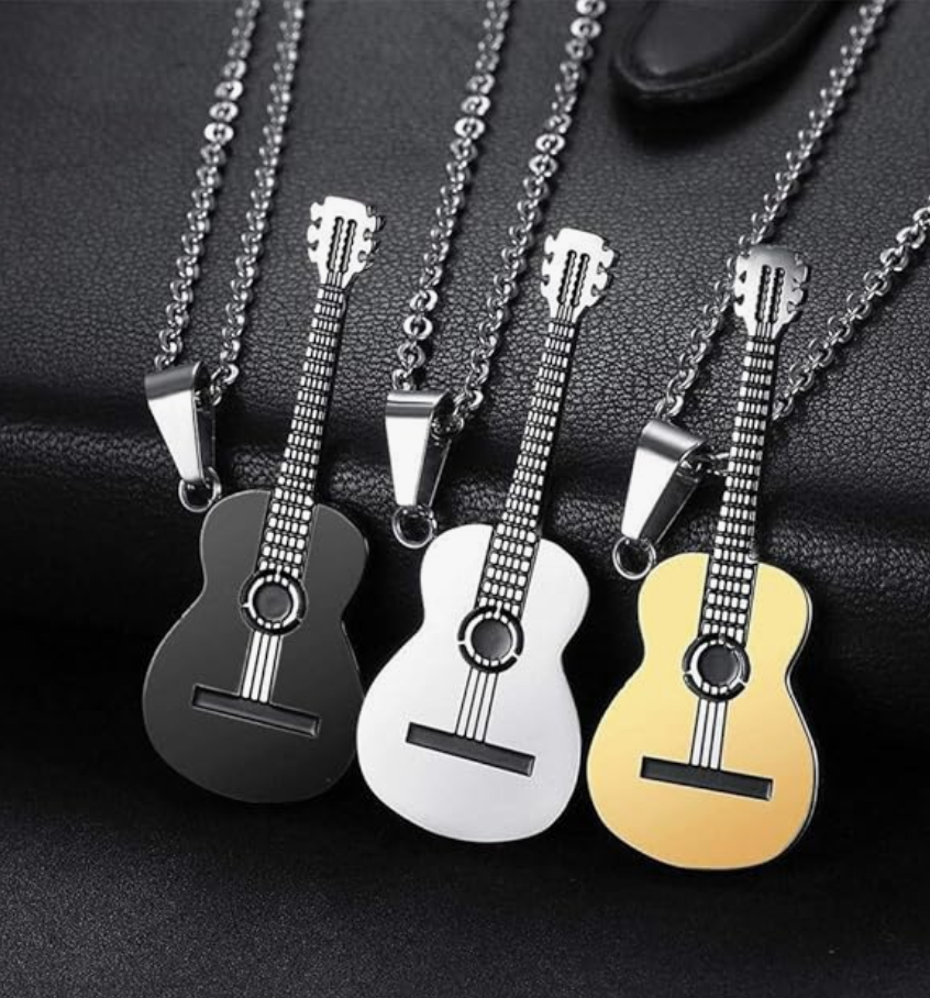 Acoustic Guitar Pendant Necklace Folk Guitar Jewelry Chain Birthday Gift Gold Stainless Steel 24in.