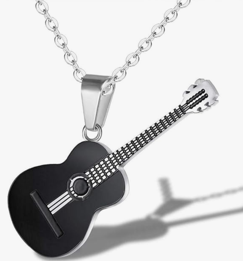 Acoustic Guitar Pendant Necklace Folk Guitar Jewelry Chain Birthday Gift Gold Stainless Steel 24in.