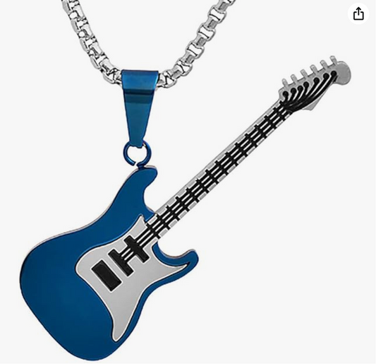 Blue Electric Guitar Pendant Necklace Black Guitar Jewelry Punk Rocker Chain Birthday Gift Silver Stainless Steel 24in.