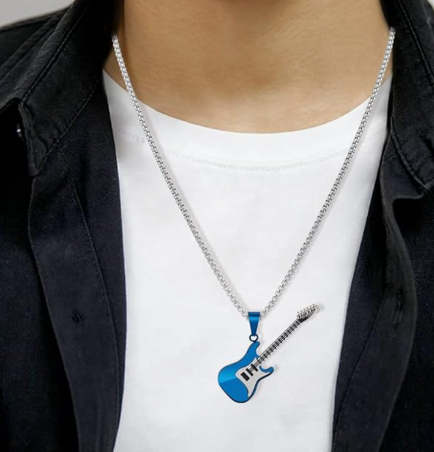 Blue Electric Guitar Pendant Necklace Black Guitar Jewelry Punk Rocker Chain Birthday Gift Silver Stainless Steel 24in.