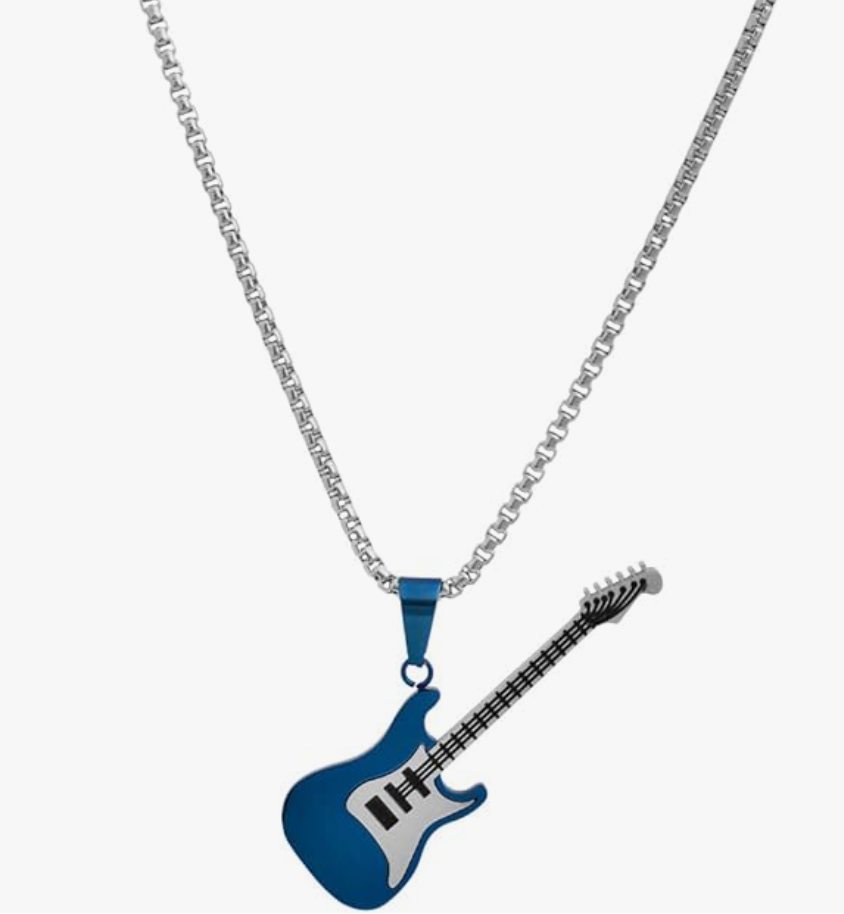 Blue Electric Guitar Pendant Necklace Black Guitar Jewelry Punk Rocker Chain Birthday Gift Silver Stainless Steel 24in.