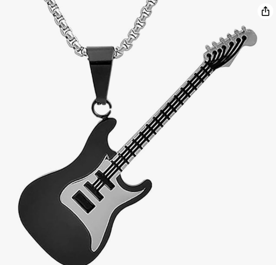 Blue Electric Guitar Pendant Necklace Black Guitar Jewelry Punk Rocker Chain Birthday Gift Silver Stainless Steel 24in.