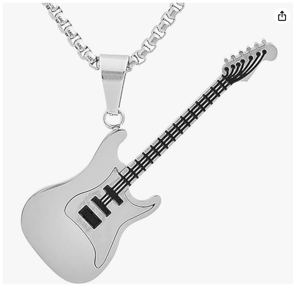 Blue Electric Guitar Pendant Necklace Black Guitar Jewelry Punk Rocker Chain Birthday Gift Silver Stainless Steel 24in.