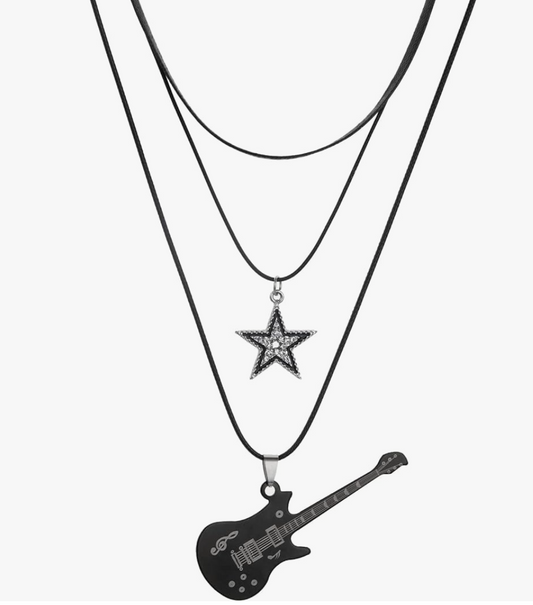 Black Star Electric Guitar Pendant Necklace Guitar Star Jewelry Pun Rocker Chain Birthday Gift Stainless Steel 24in.