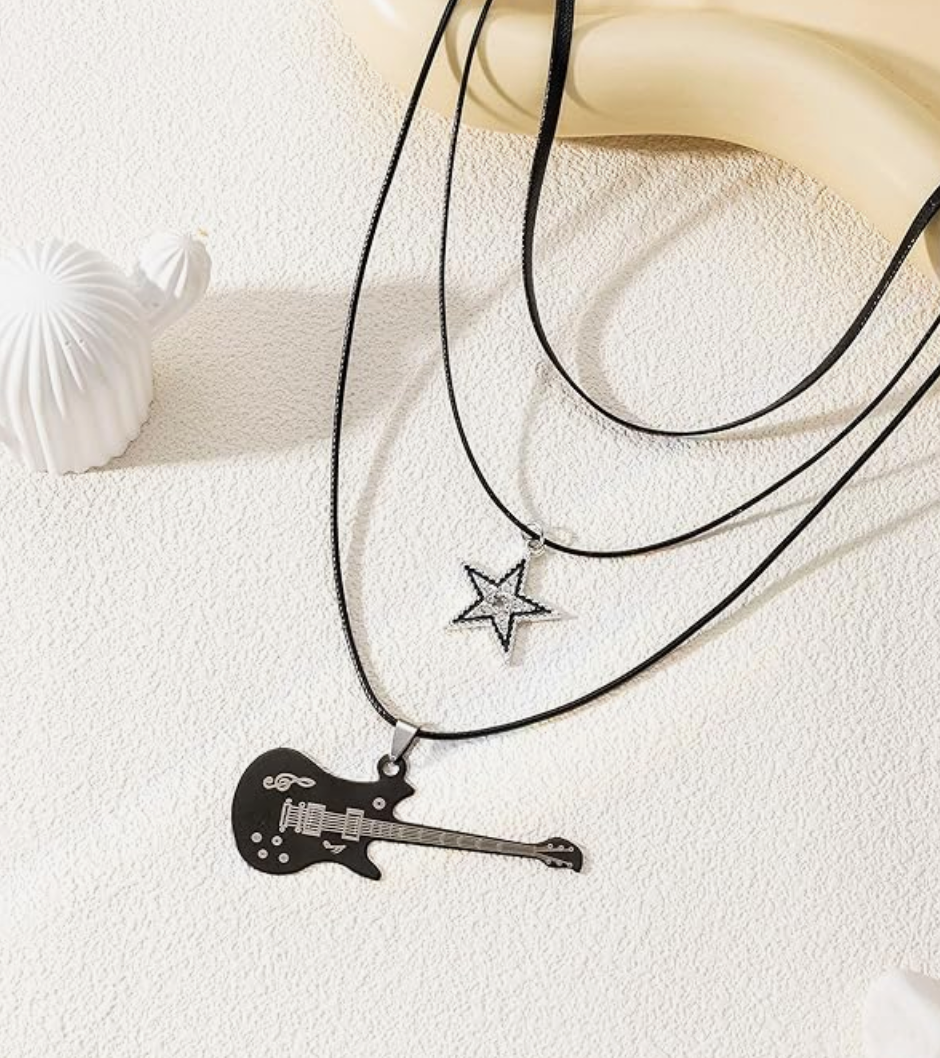 Black Star Electric Guitar Pendant Necklace Guitar Star Jewelry Pun Rocker Chain Birthday Gift Stainless Steel 24in.