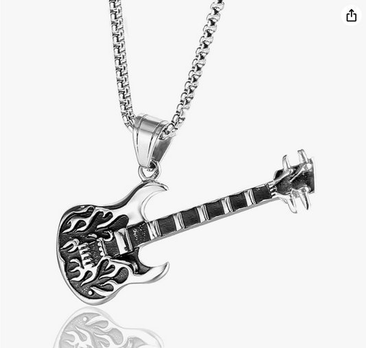 Black Electric Guitar Pendant Necklace Fire Flame Guitar Silver Jewelry Pun Rocker Chain Birthday Gift Gold Stainless Steel 24in.