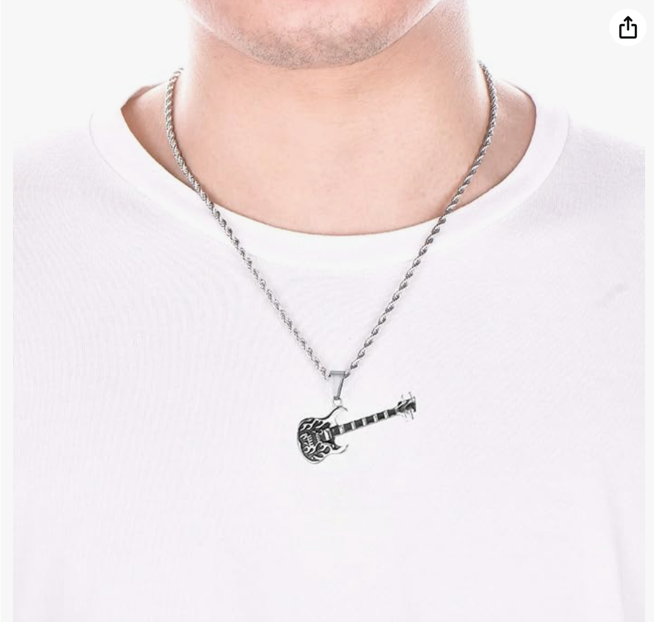 Black Electric Guitar Pendant Necklace Fire Flame Guitar Silver Jewelry Pun Rocker Chain Birthday Gift Gold Stainless Steel 24in.