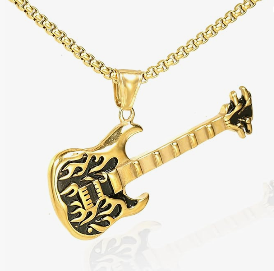 Black Electric Guitar Pendant Necklace Fire Flame Guitar Silver Jewelry Pun Rocker Chain Birthday Gift Gold Stainless Steel 24in.