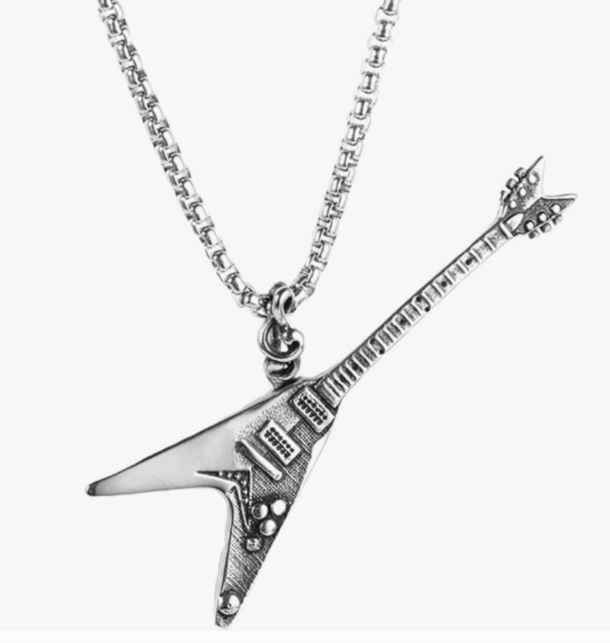 Flying V Electric Guitar Pendant Necklace Guitar Silver Jewelry Pun Rocker Chain Birthday Gift Stainless Steel 24in.