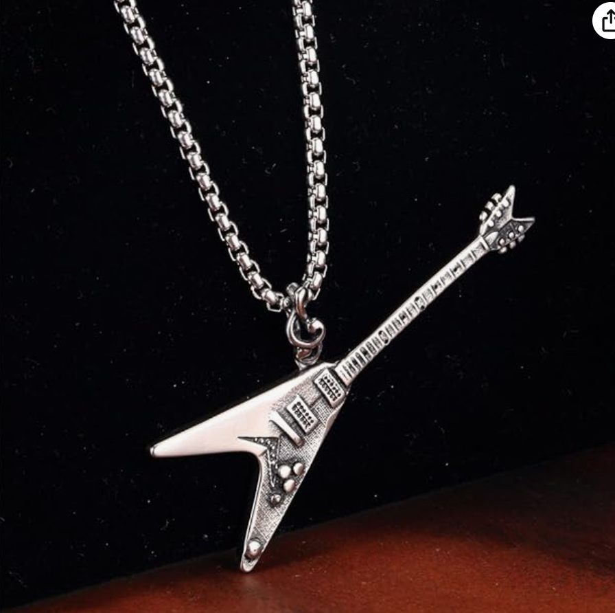 Flying V Electric Guitar Pendant Necklace Guitar Silver Jewelry Pun Rocker Chain Birthday Gift Stainless Steel 24in.