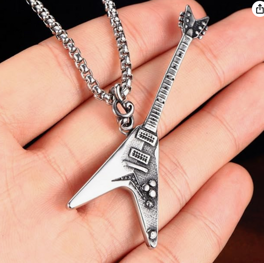 Flying V Electric Guitar Pendant Necklace Guitar Silver Jewelry Pun Rocker Chain Birthday Gift Stainless Steel 24in.
